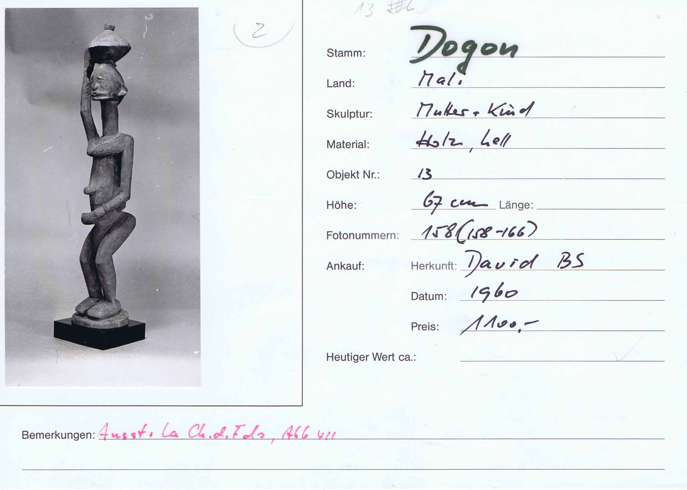 Karteikarte Ernst Winizki mit Foto einer Dogon-Figur
